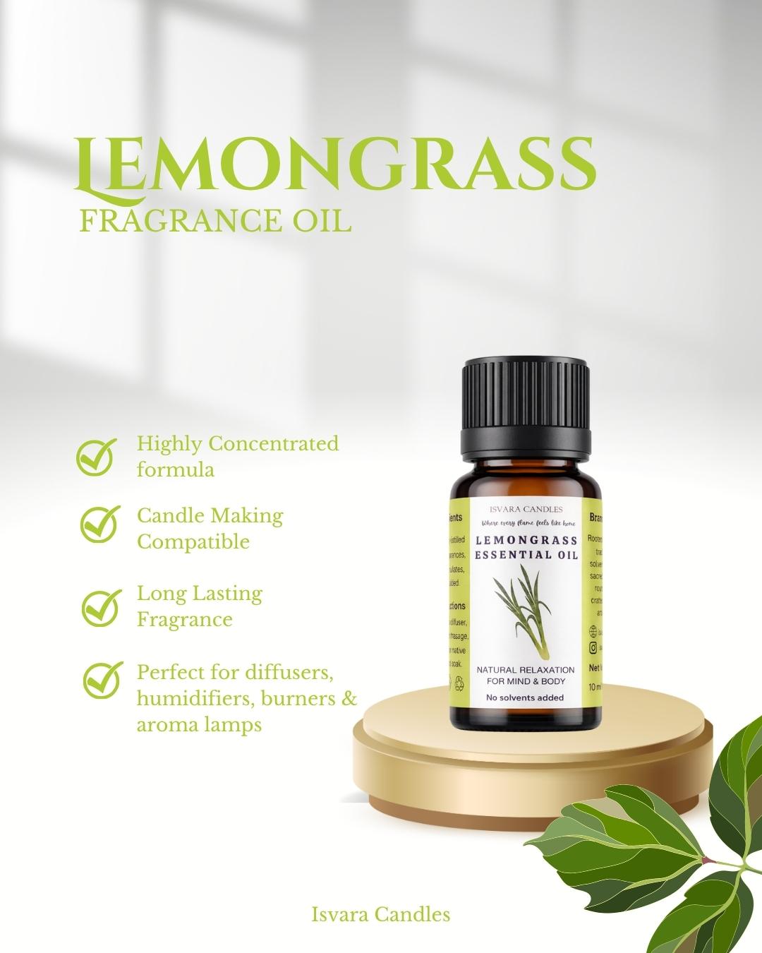 ISVARA Lemongrass Fragrance Oil – 10ml Fresh Aroma Oil for Diffuser, Aromatherapy & Candle Making