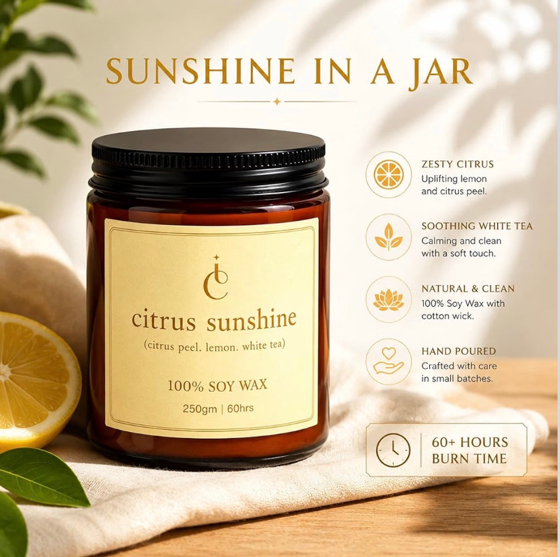 Citrus Sunshine soy candle benefits and burn time