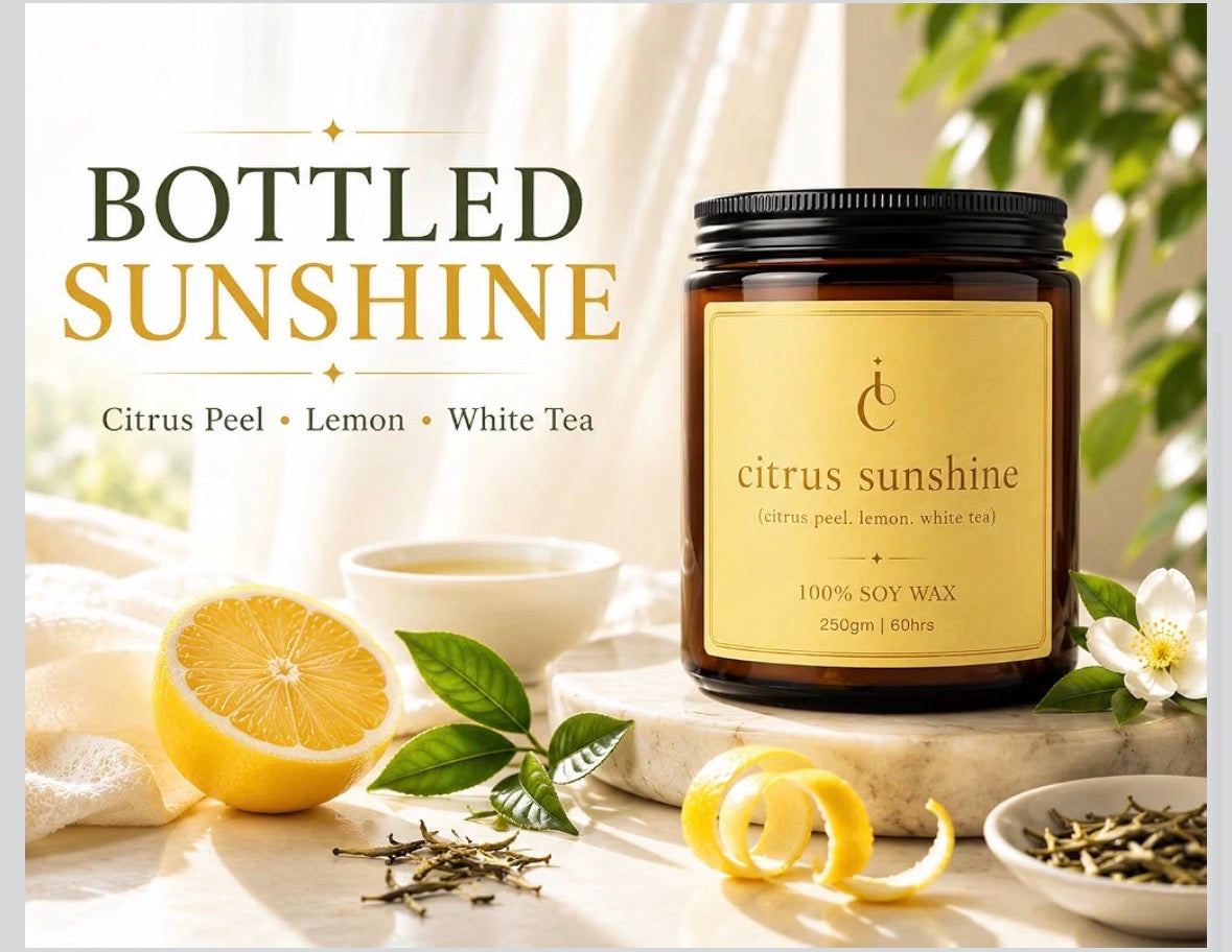 Citrus Sunshine candle with citrus peel lemon and white tea notes