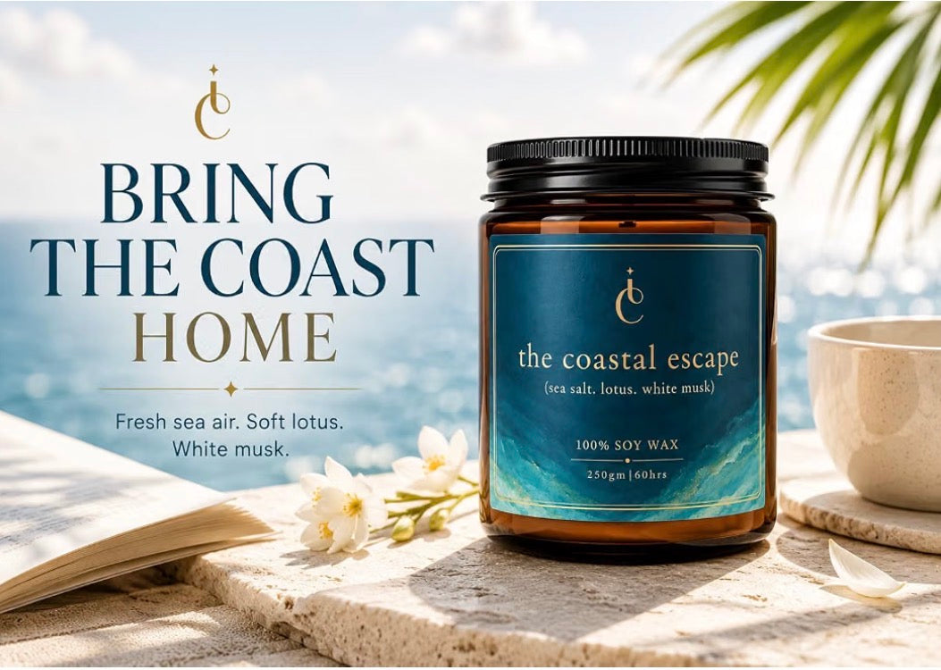 The Coastal Escape candle with sea salt lotus and white musk notes