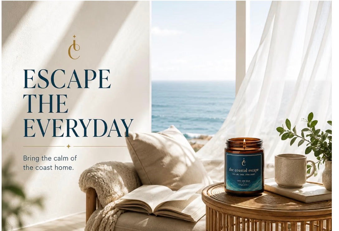 The Coastal Escape candle in calm coastal inspired room