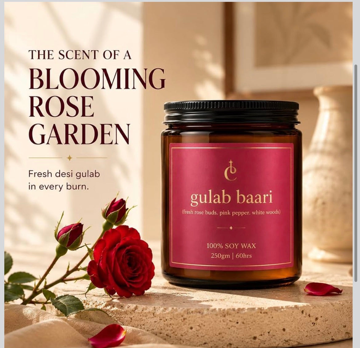 Gulab Baari rose scented candle with fresh desi gulab notes