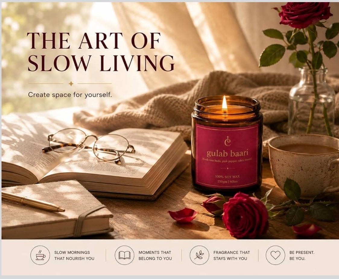 Gulab Baari soy candle for slow living and rose fragrance