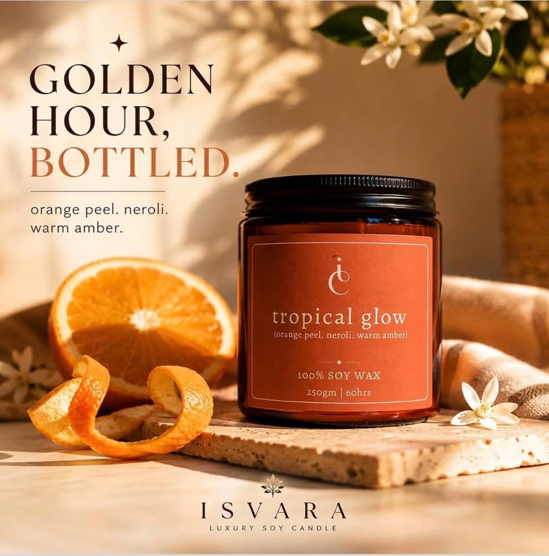 Tropical Glow golden hour bottled soy scented candle