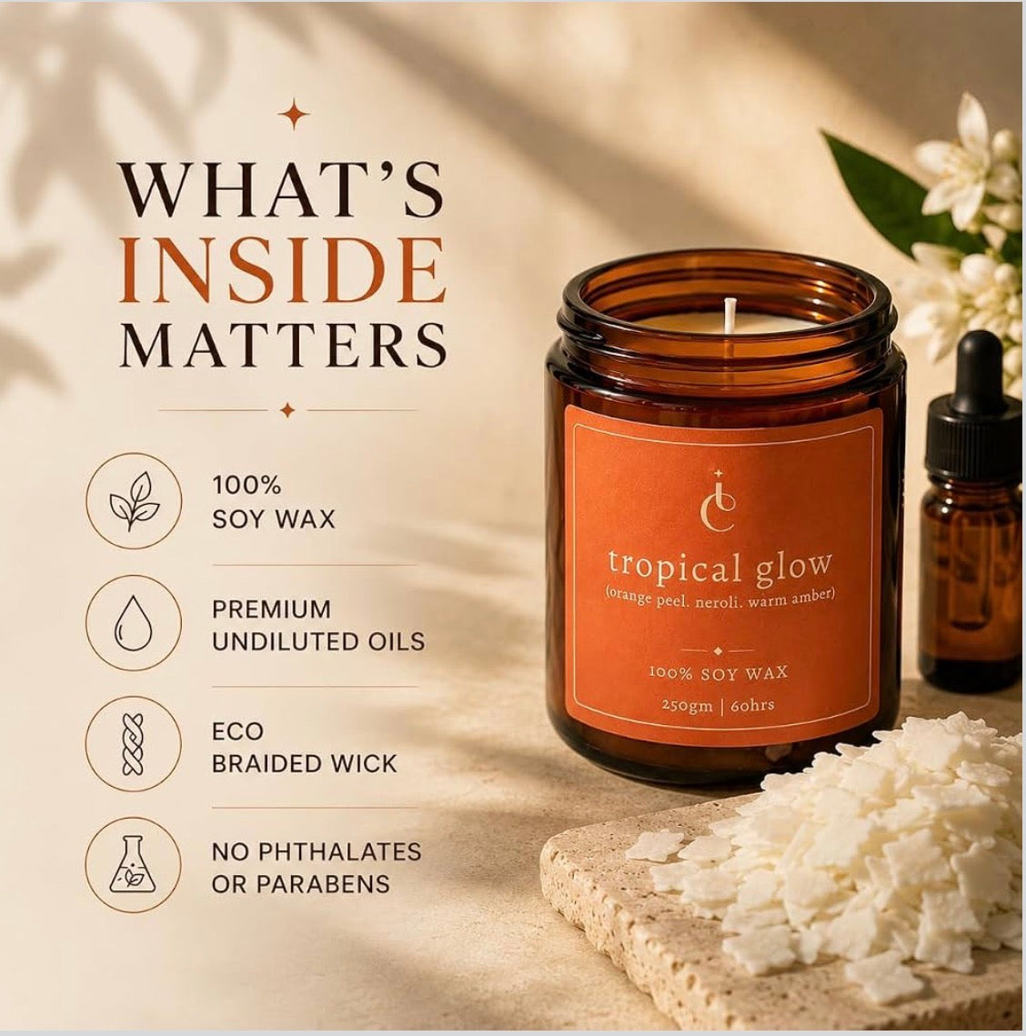 Tropical Glow soy candle ingredients and clean fragrance features